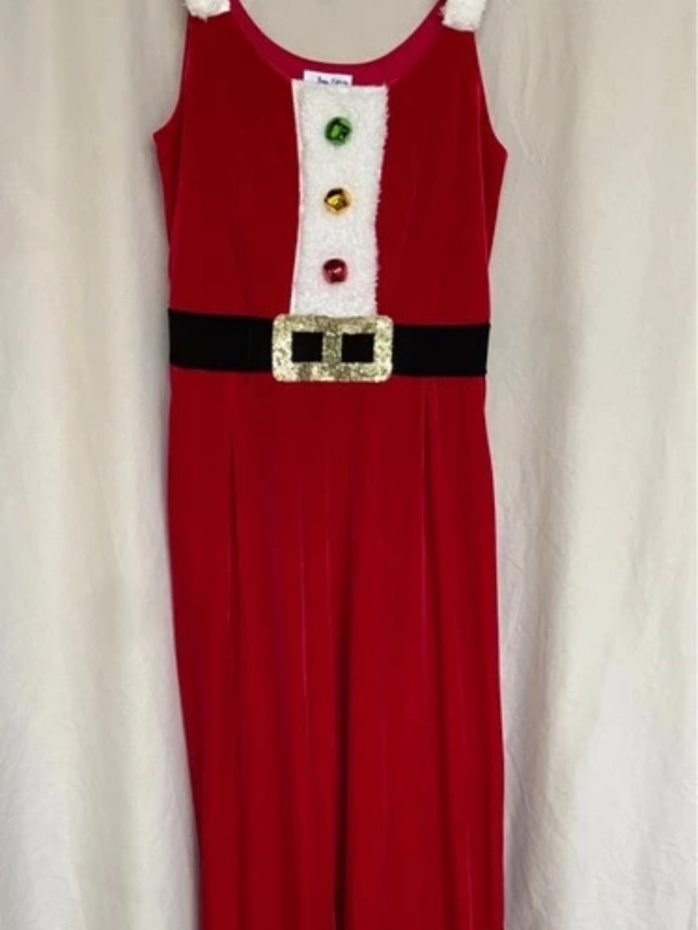 Festive Red Santa-Style Jumpsuit with Gold Buckle